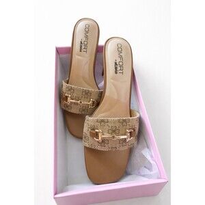 Wild Diva Brown Floral Block Heel Slide Sandals Metal Hardware Comfort Size 9